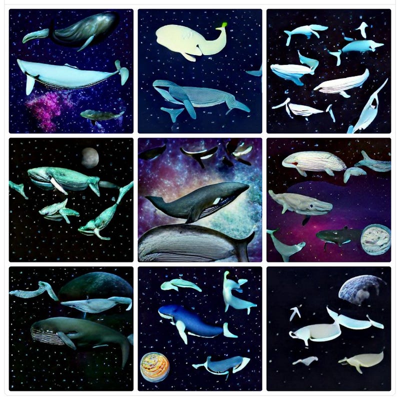 AI-generated whales in space