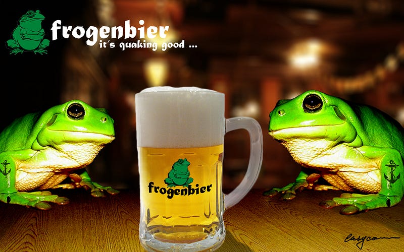 Frogs enjoying a beer in a pub