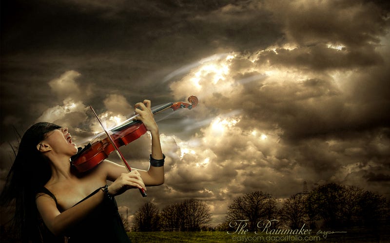 A girl playing violin during a storm