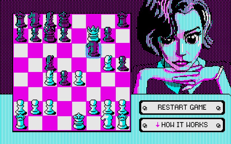 An 8-bit portrayal of Beth Harmon in The Kilobyte's Gambit.