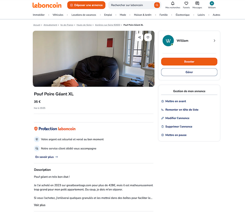 Screenshot of the leboncoin ad.