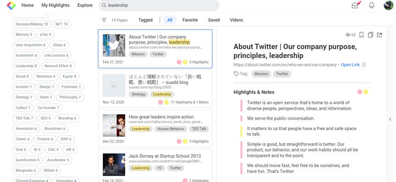 Screenshot of search results for leadership in GLASP