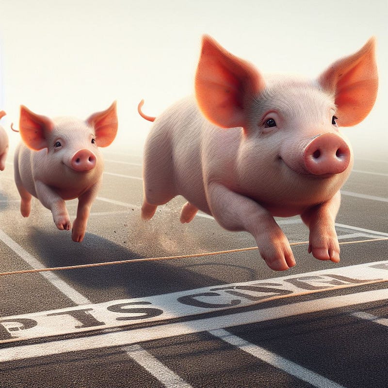 Enhanced AI-generated image of pigs racing