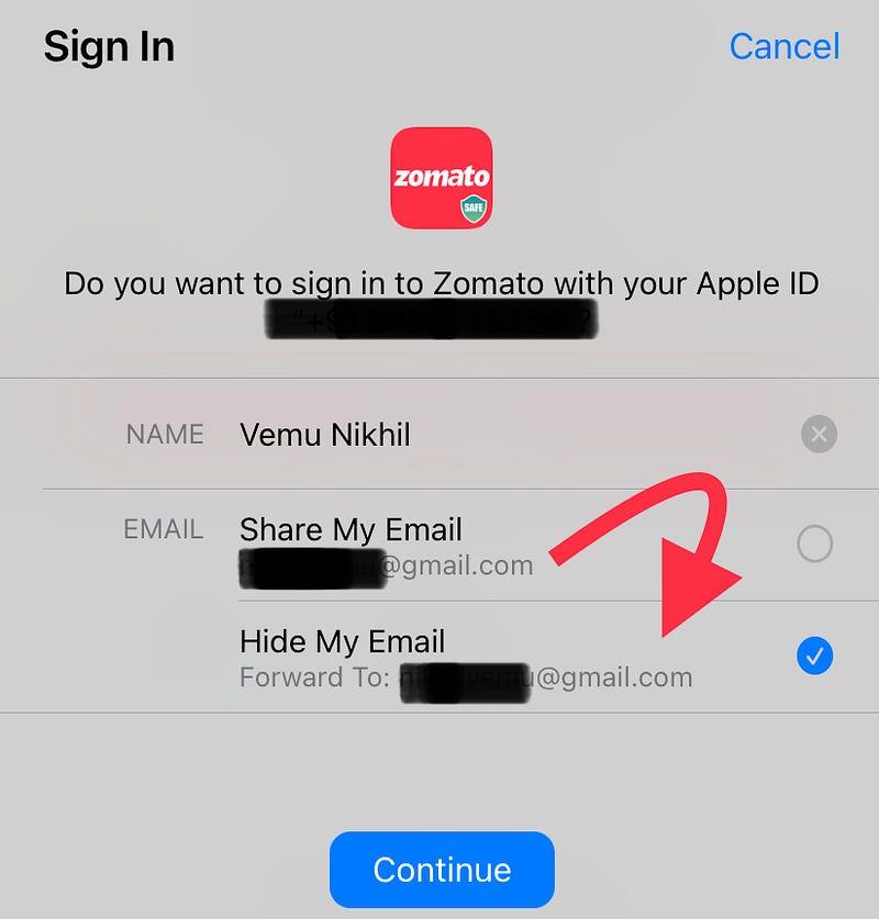 Signing up for apps with “Hide My Email”