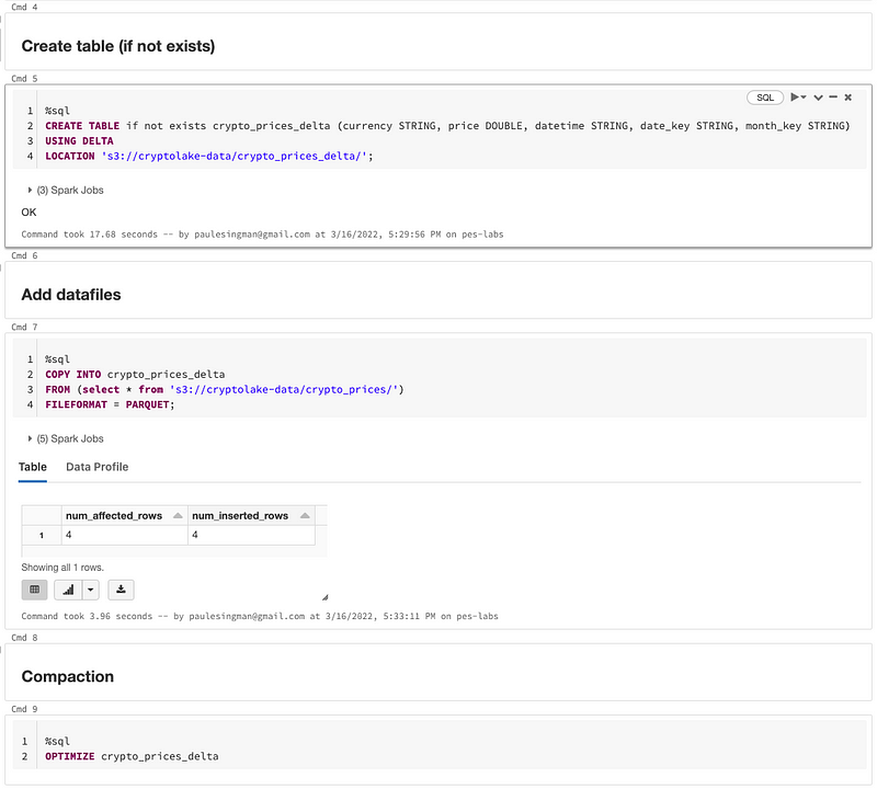 Optimizing Delta Lake table with Databricks commands