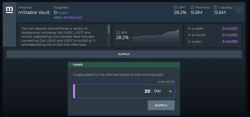 Projected returns from DeFi Saver over one year.