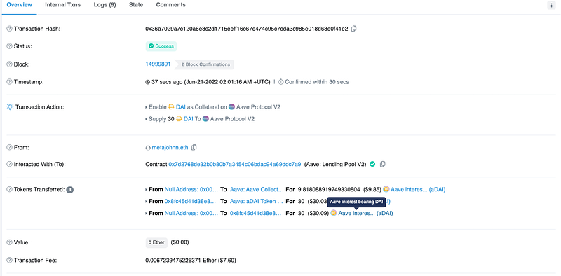 aDAI token representation.