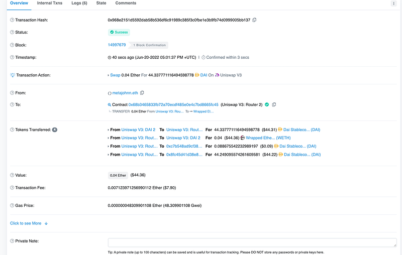 Transaction details for DAI acquisition.