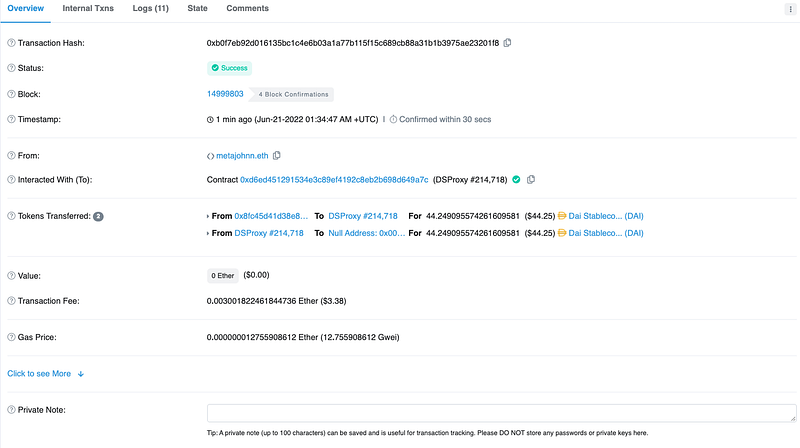 Confirmation of DAI deposit through DSProxy.