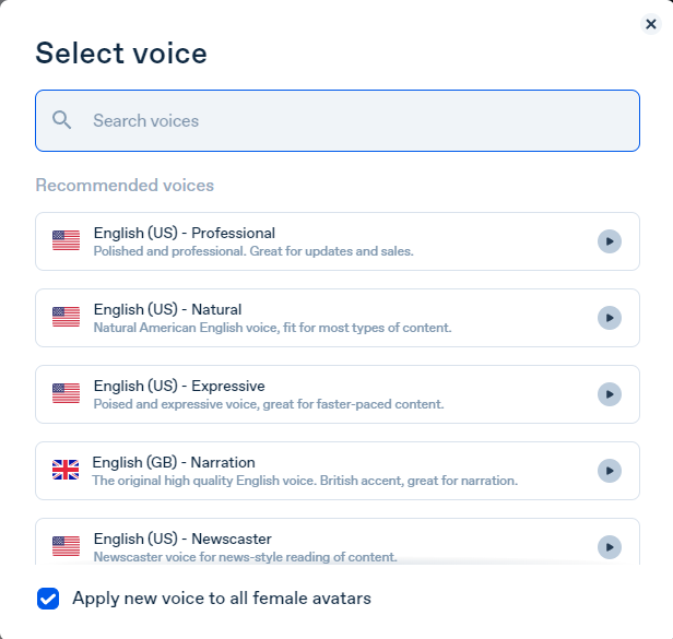 Selected synthetic voice in Synthesia