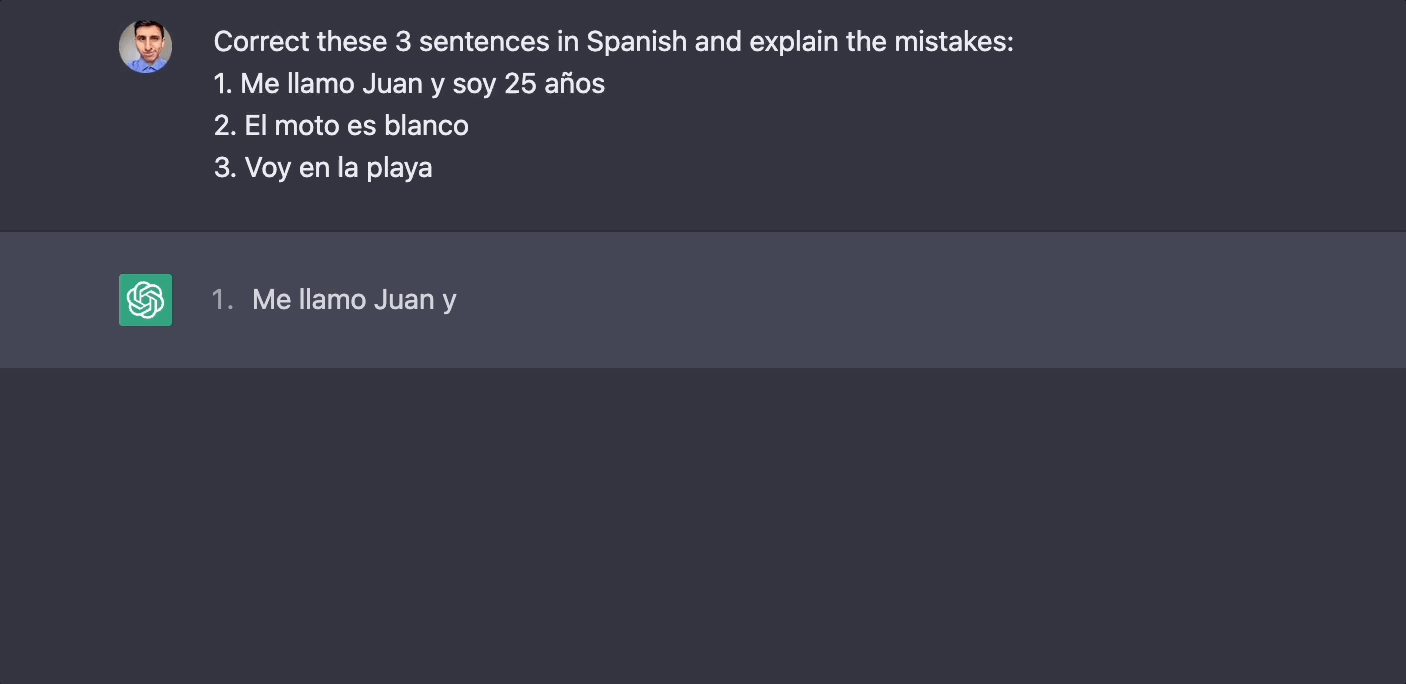 Spanish grammar correction example