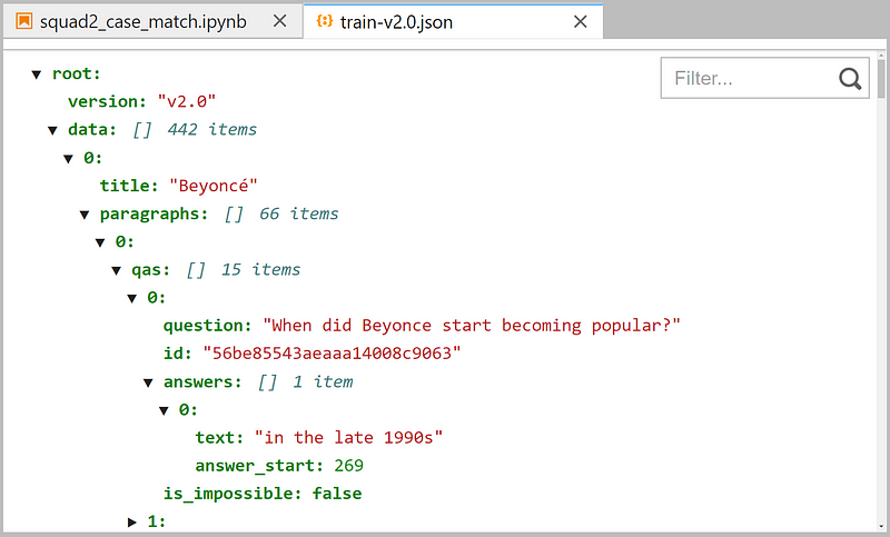 JSON structure of the SQuAD 2 training set