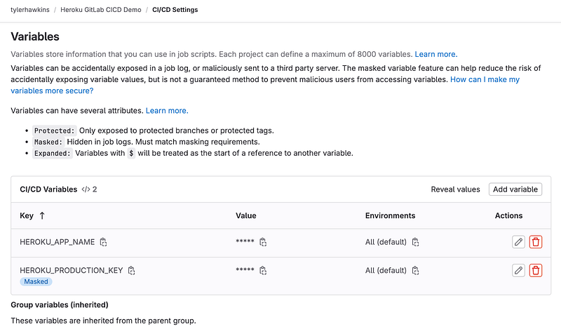 GitLab CI/CD variable configuration