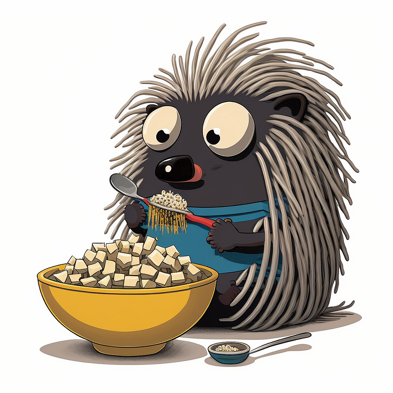 Cartoon porcupine enjoying pasta