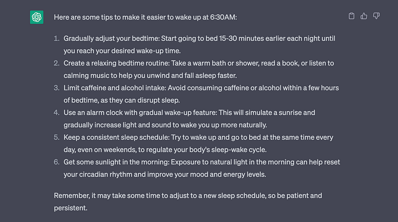 Screenshot of ChatGPT's advice on waking up early