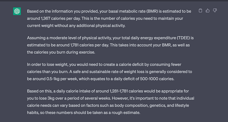 Screenshot of ChatGPT calculating caloric needs