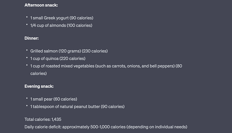 Screenshot of a meal plan provided by ChatGPT