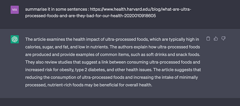 Screenshot of ChatGPT summarizing content
