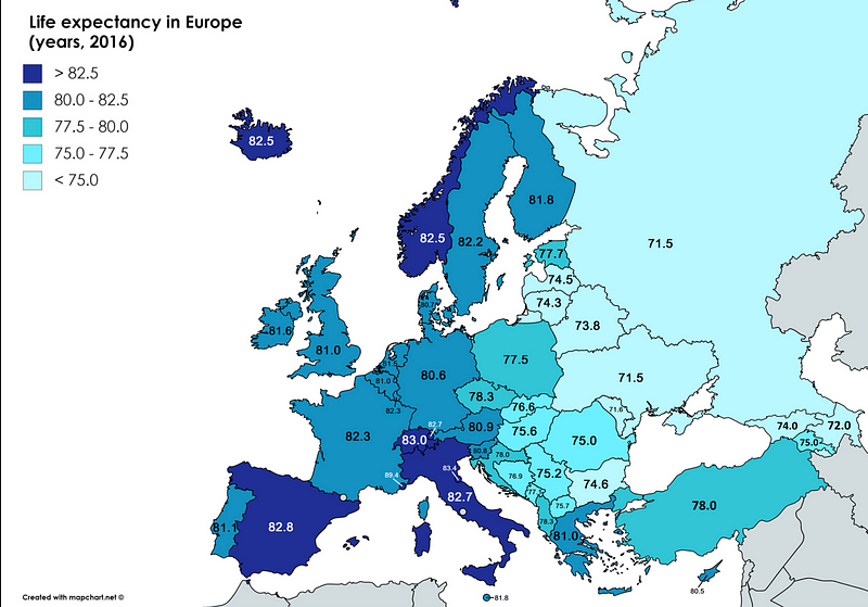 Map visualizing life expectancy in Europe