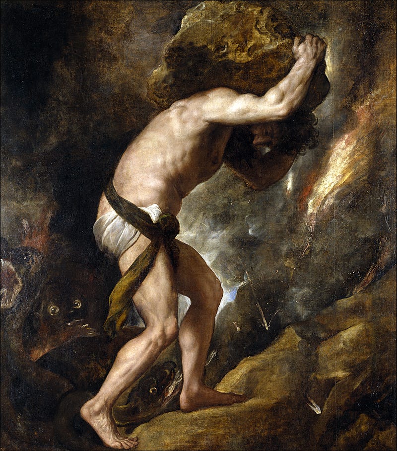 Sisyphus rolling a boulder, symbolizing endless effort