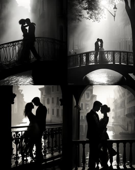 Black and white image of a couple on a bridge