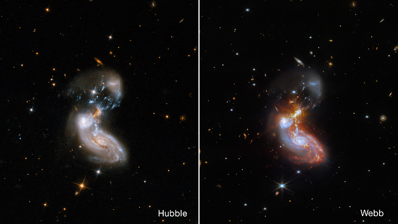 “Side-by-side comparison of two merging spiral galaxies as seen by the Hubble and Webb telescopes...”