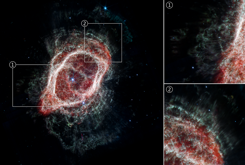 “The Southern Ring Nebula is shown at left with two large boxes overlaid...”