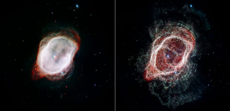 “Two views of the Southern Ring Nebula, taken by the Webb telescope...”